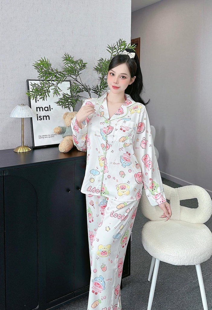 Đồ ngủ Pijama hàng hiệu form dài lụa cao cấp hottrent Trắng họa tiết gấu Kute DN177240