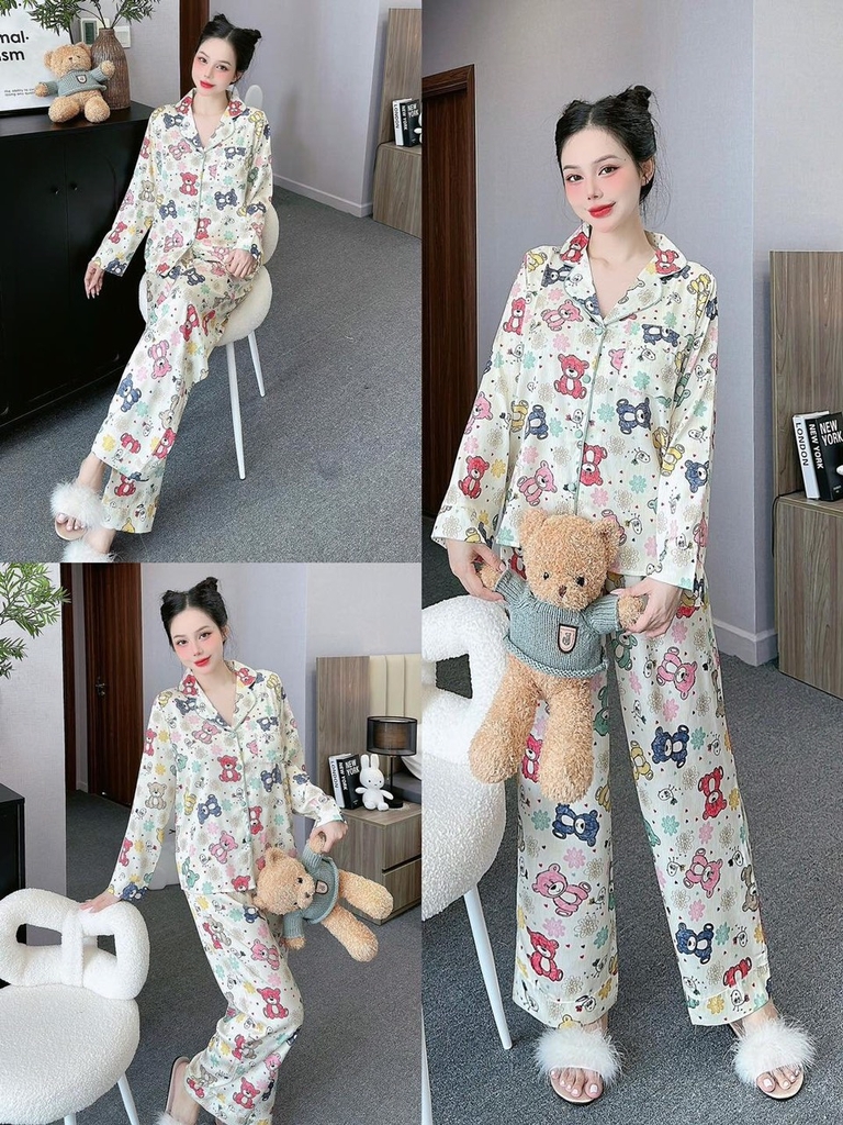 Đồ ngủ Pijama hàng hiệu form dài lụa cao cấp hottrent Họa tiết Gấu Xinh DN179240