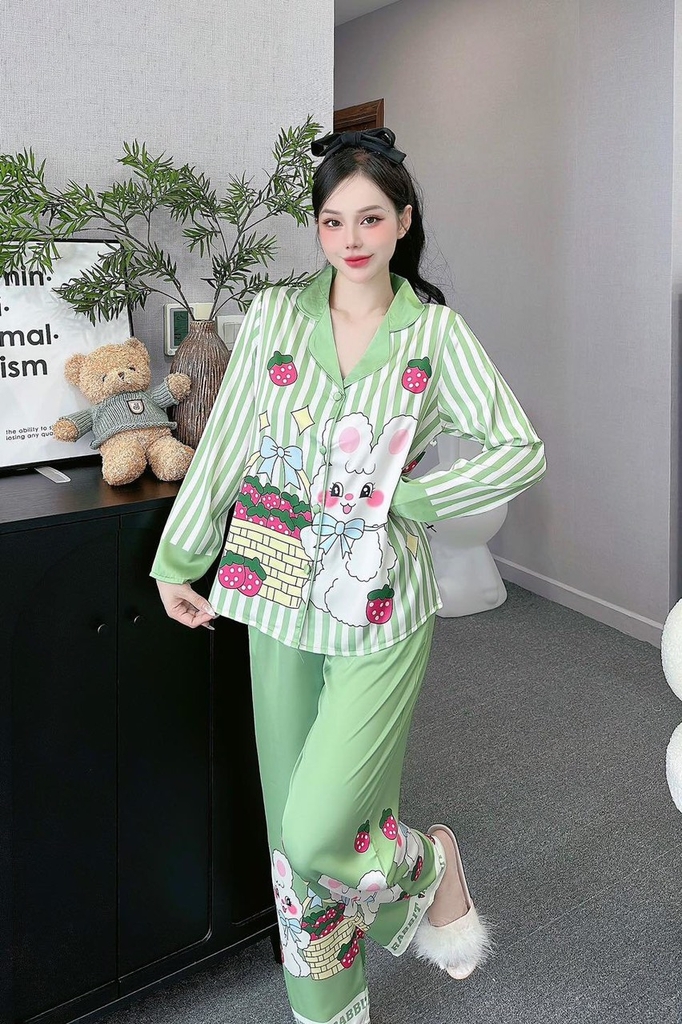 Đồ ngủ Pijama hàng hiệu form dài lụa cao cấp hottrent Xanh lá Họa tiết Thỏ trắng DN182240