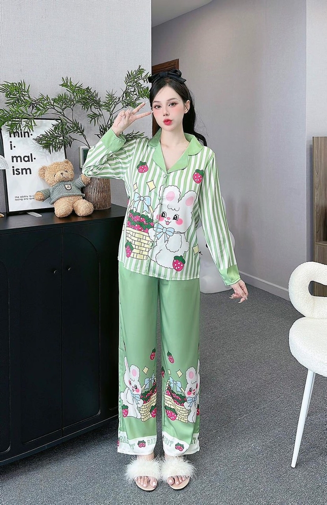 Đồ ngủ Pijama hàng hiệu form dài lụa cao cấp hottrent Xanh lá Họa tiết Thỏ trắng DN182240