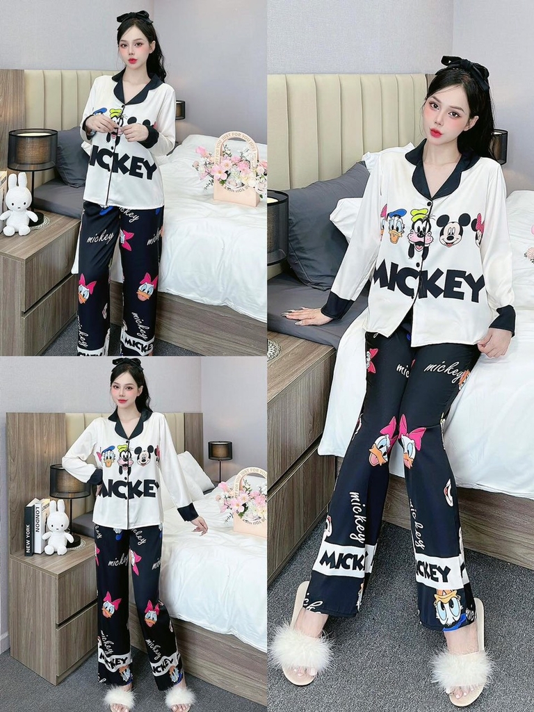 Đồ ngủ Pijama hàng hiệu form dài lụa cao cấp hottrent Đen phối trắng Họa tiết Mickey DN185240