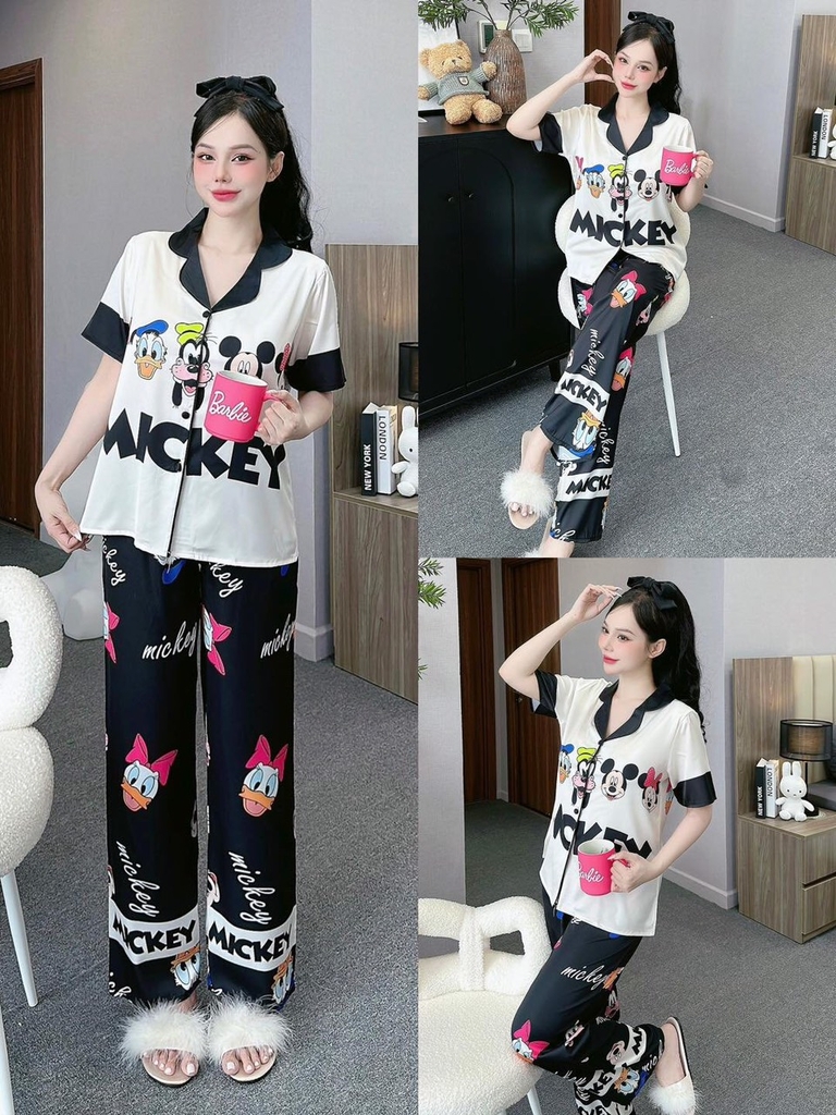 Đồ ngủ Pijama hàng hiệu form dài lụa cao cấp hottrent Đen phối trắng Họa tiết Mickey DN185240