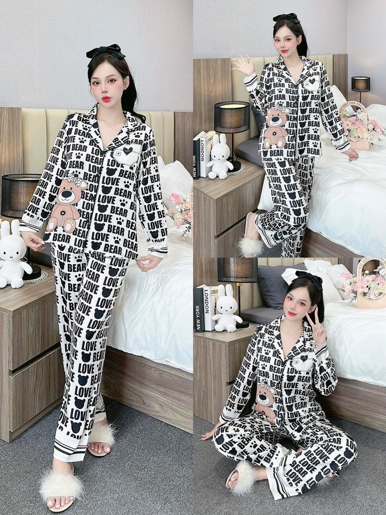 Đồ ngủ Pijama hàng hiệu form dài lụa cao cấp hottrent Trắng phối chữ Love Bear DN186240