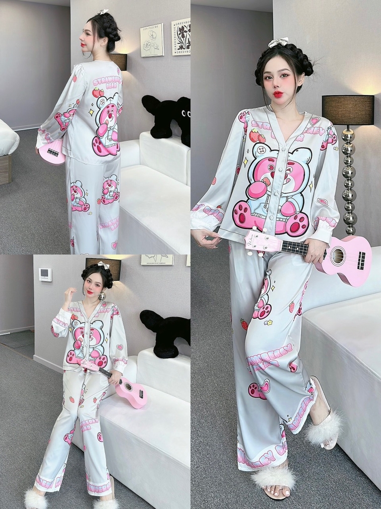 Đồ ngủ Pijama hàng hiệu form dài lụa cao cấp hottrent Gấu Dâu DN191240