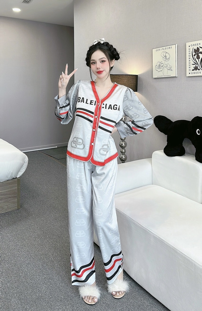 Đồ ngủ Pijama hàng hiệu form dài lụa cao cấp hottrent Trắng Phối Xanh LA DN190240