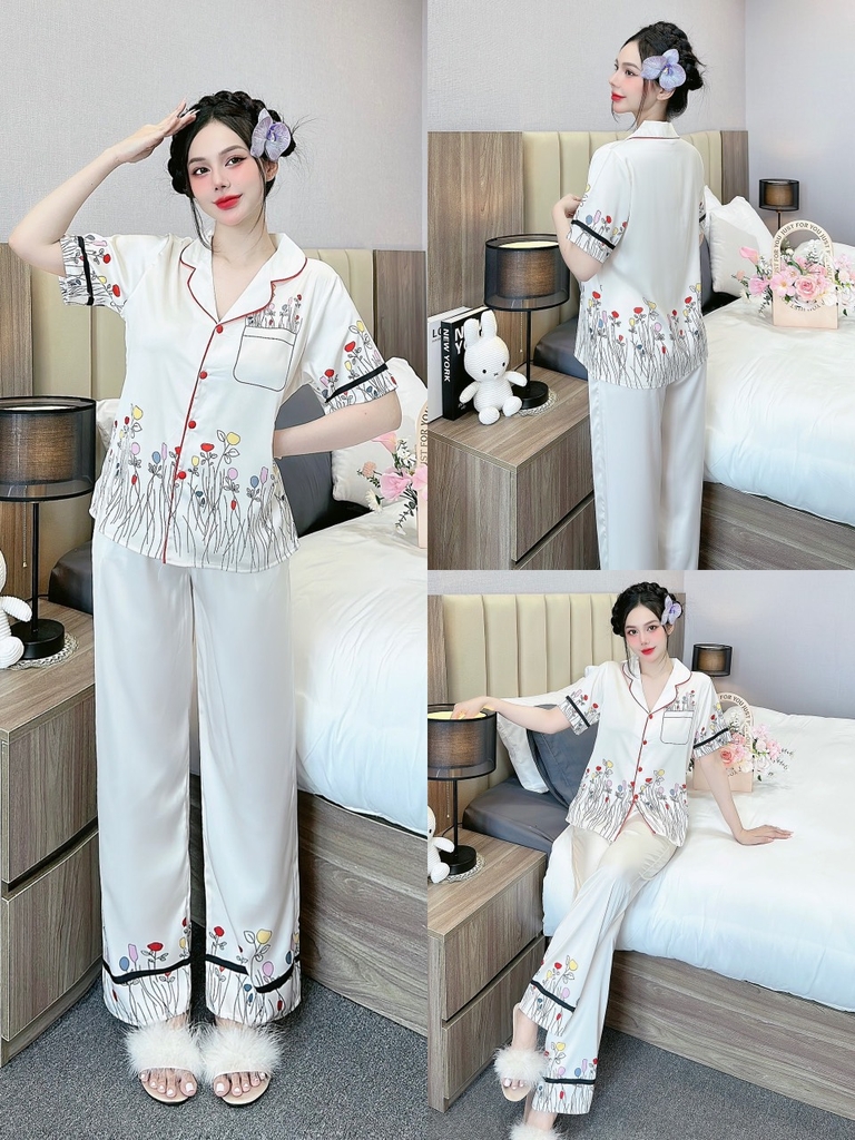 Đồ ngủ Pijama hàng hiệu form dài lụa cao cấp hottrent Trắng Phối Hoa DN189240