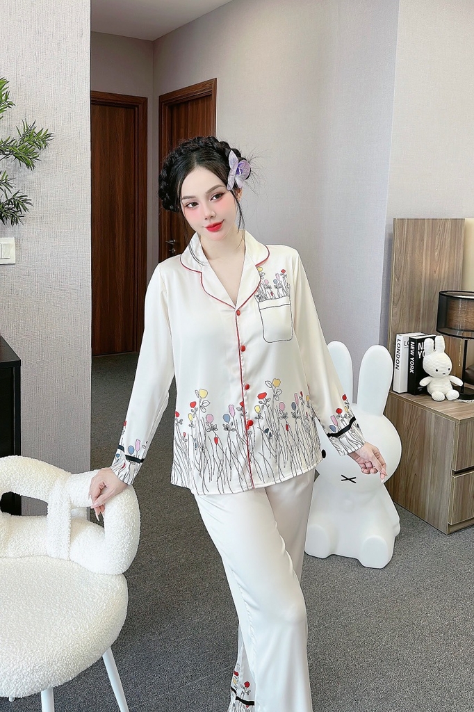 Đồ ngủ Pijama hàng hiệu form dài lụa cao cấp hottrent Trắng Phối Hoa DN189240