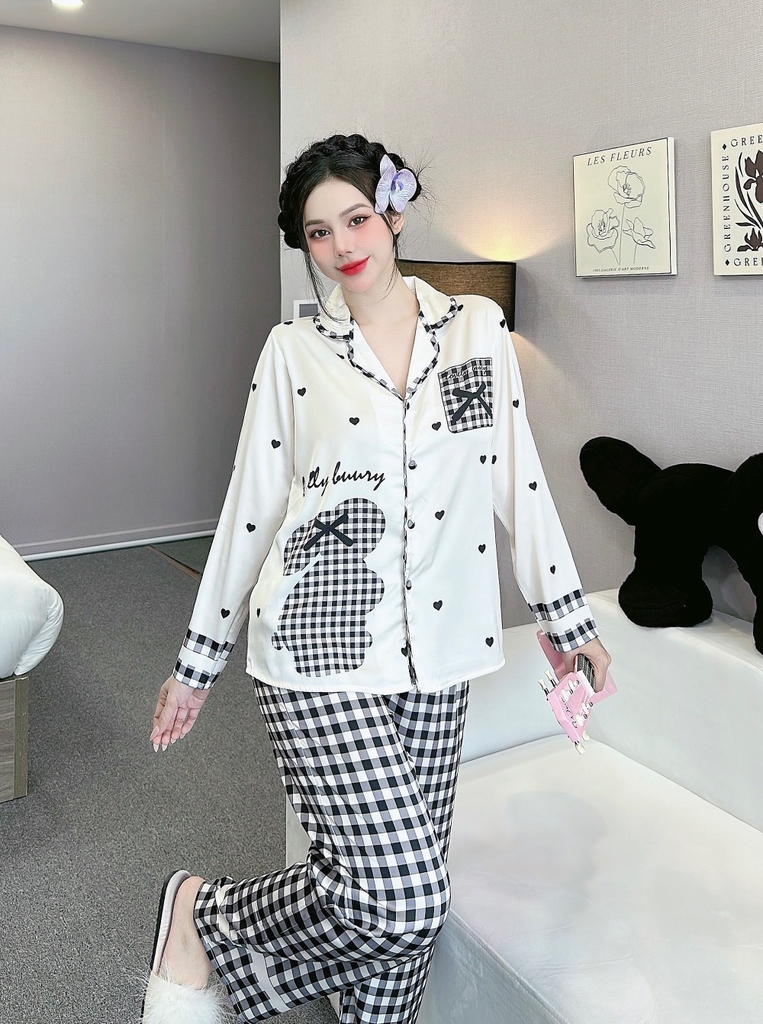 Đồ ngủ Pijama hàng hiệu form dài lụa cao cấp hottrent Trắng sọc karo Bear DN187240