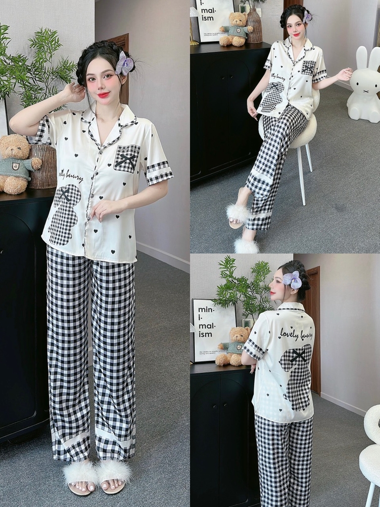 Đồ ngủ Pijama hàng hiệu form dài lụa cao cấp hottrent Trắng sọc karo Bear DN187240