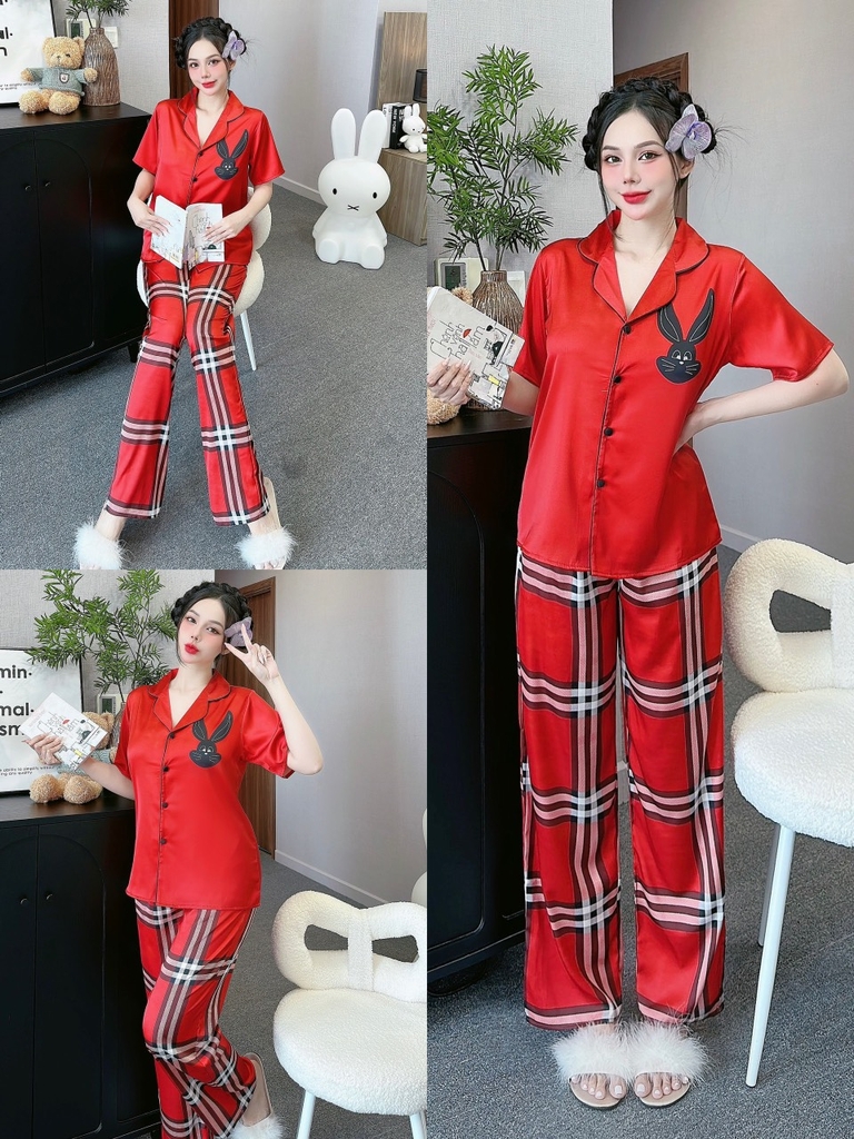 Đồ ngủ Pijama hàng hiệu form dài lụa cao cấp hottrent Đỏ phối viền Thỏ DN196240