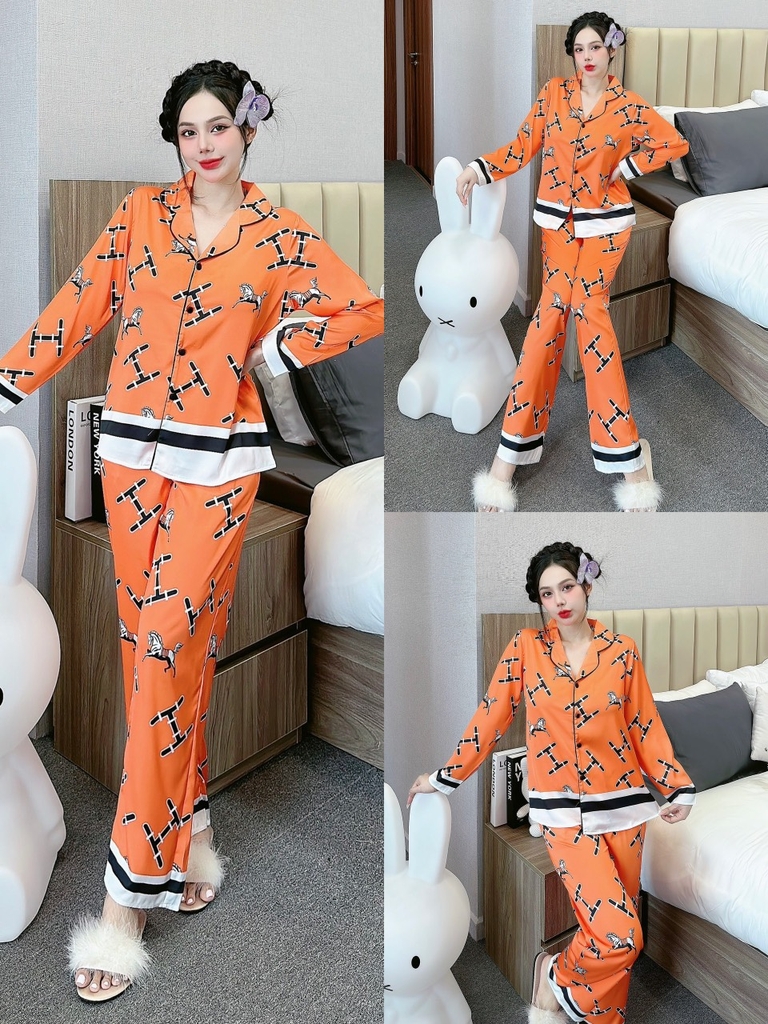 Đồ ngủ Pijama hàng hiệu form dài lụa cao cấp hottrent Cam phối viền HM DN194240