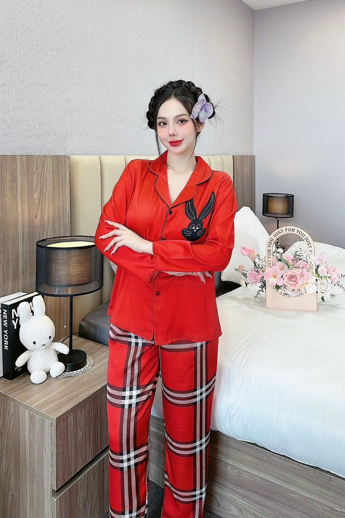 Đồ ngủ Pijama hàng hiệu form dài lụa cao cấp hottrent Đỏ phối viền Thỏ DN195240