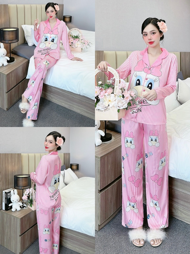 Đồ ngủ Pijama hàng hiệu form dài lụa cao cấp hottrent Hồng sọc họa tiết hoạt hình DN197240
