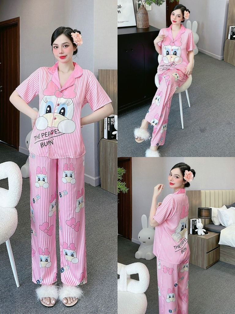 Đồ ngủ Pijama hàng hiệu form dài lụa cao cấp hottrent Hồng sọc họa tiết hoạt hình DN197240