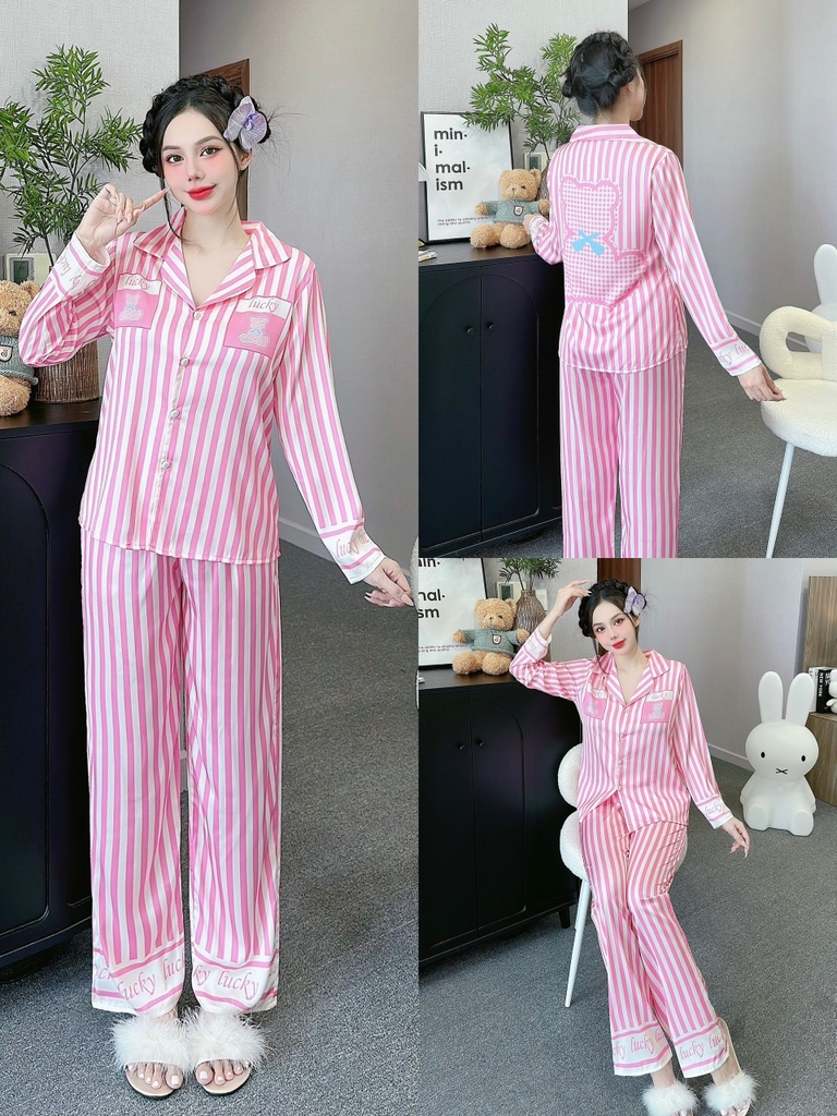 Đồ ngủ Pijama hàng hiệu form dài lụa cao cấp hottrent Hồng sọc trắng DN201240