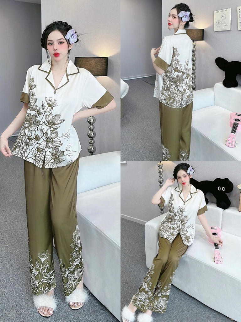 Đồ ngủ Pijama hàng hiệu form dài lụa cao cấp hottrent Xanh lá phối Hoa cúc DN199240