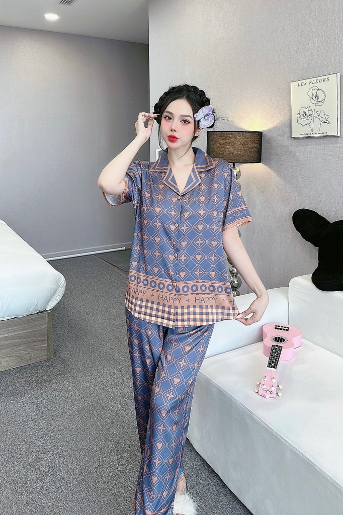 Đồ ngủ Pijama hàng hiệu form dài lụa cao cấp hottrent Tím họa tiết DN207240
