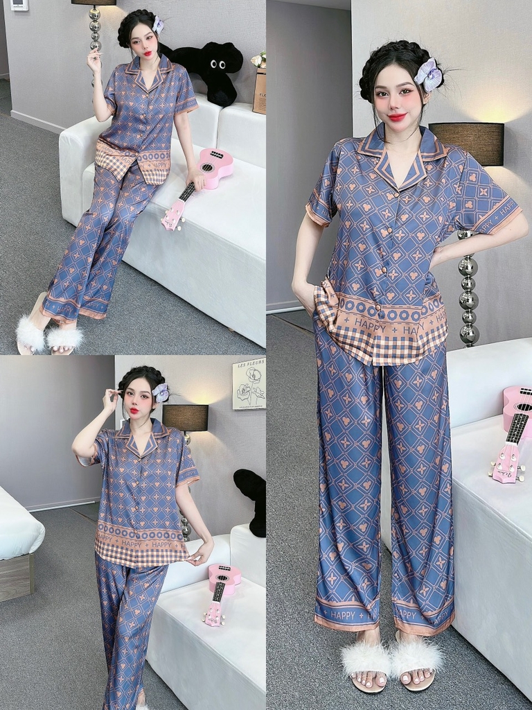 Đồ ngủ Pijama hàng hiệu form dài lụa cao cấp hottrent Tím họa tiết DN207240