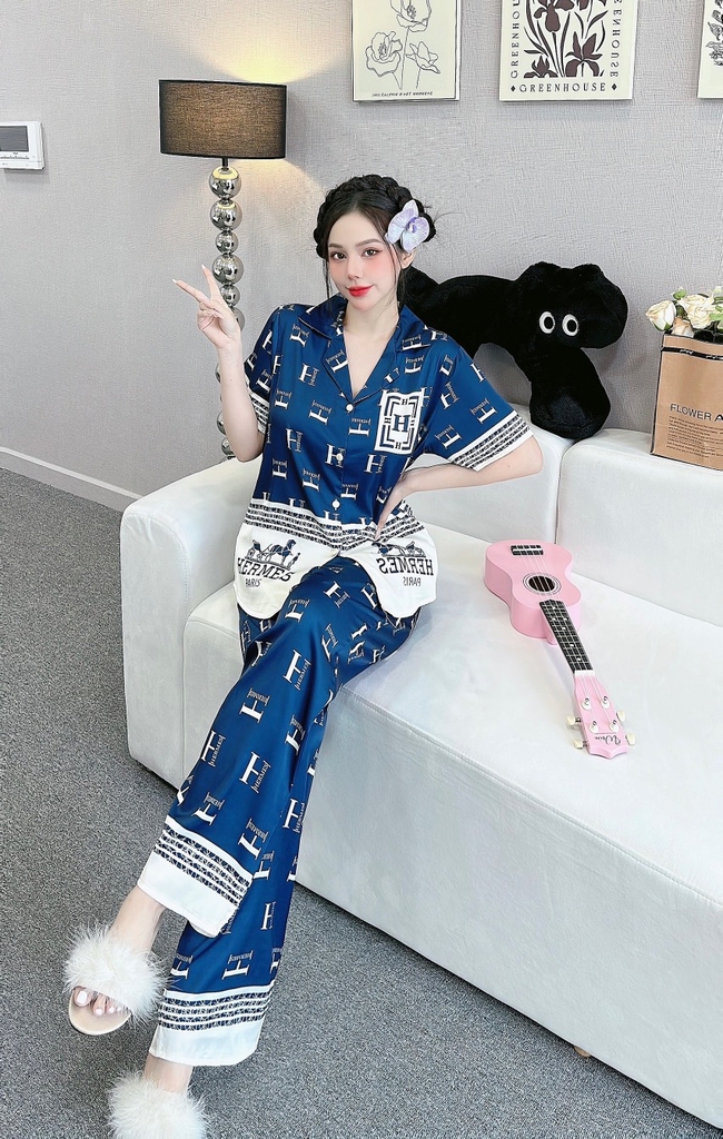 Đồ ngủ Pijama hàng hiệu form dài lụa cao cấp hottrent Xanh phối chử HM DN208240