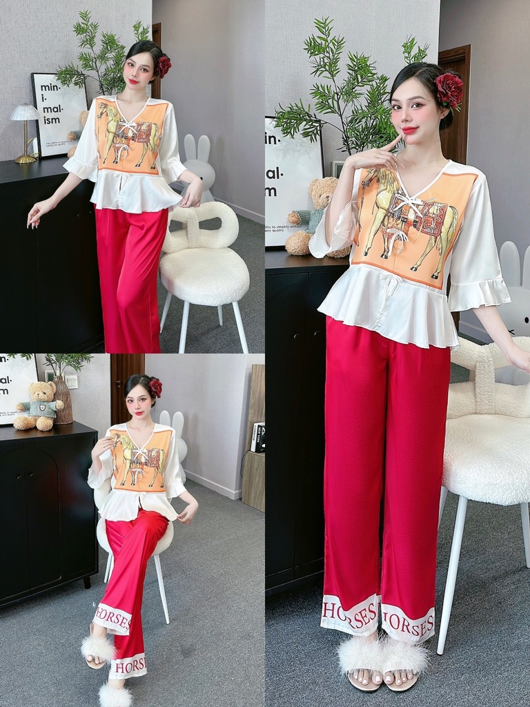 Đồ ngủ Pijama hàng hiệu form dài lụa cao cấp hottrent Trắng phối đỏ hoạt tiết Ngựa vàng DN203240