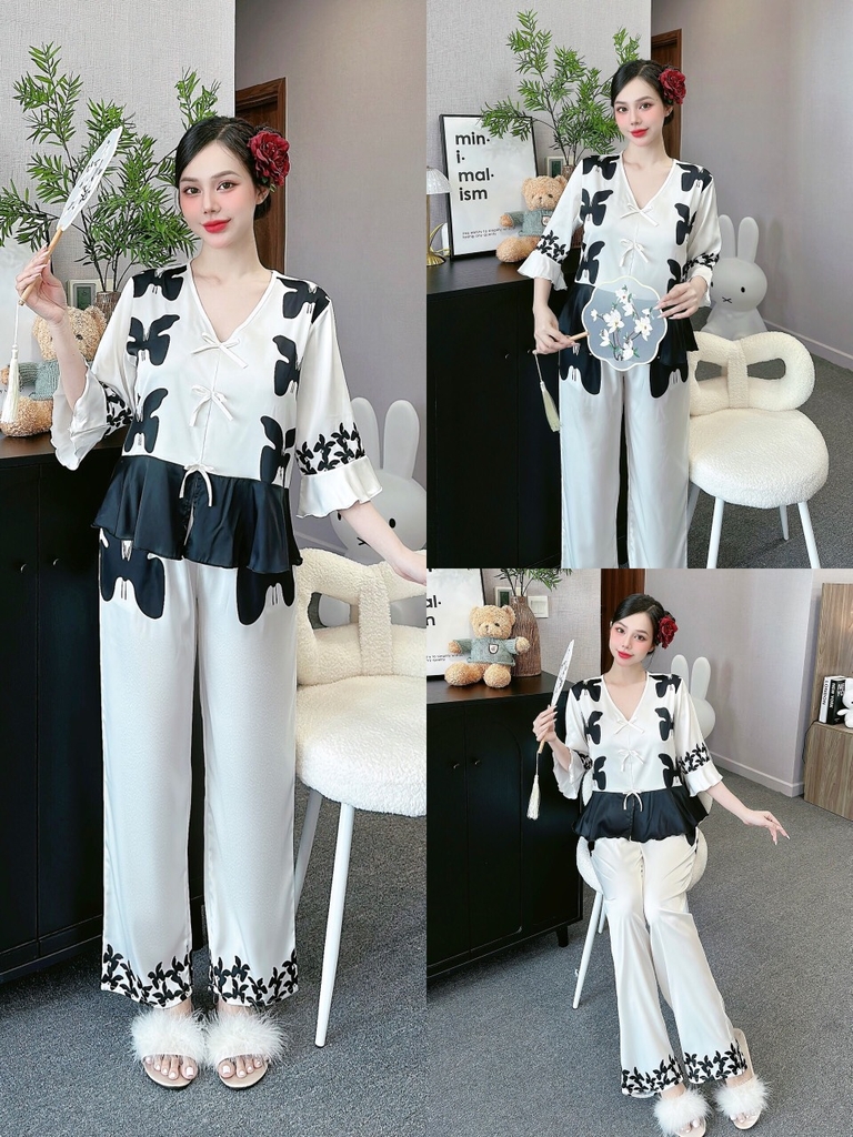 Đồ ngủ Pijama hàng hiệu form dài lụa cao cấp hottrent Trắng phối đen Họa tiết Bướm đen DN206240