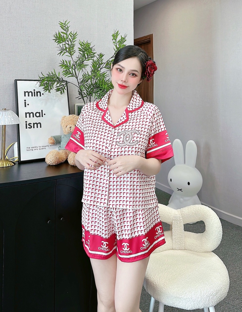 Đồ ngủ Pijama hàng hiệu form dài lụa cao cấp hottrent Hồng Họa tiết hình tam giác DN212240