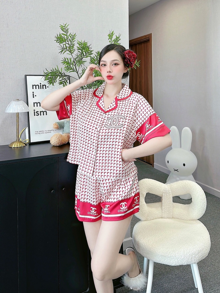 Đồ ngủ Pijama hàng hiệu form dài lụa cao cấp hottrent Hồng Họa tiết hình tam giác DN212240