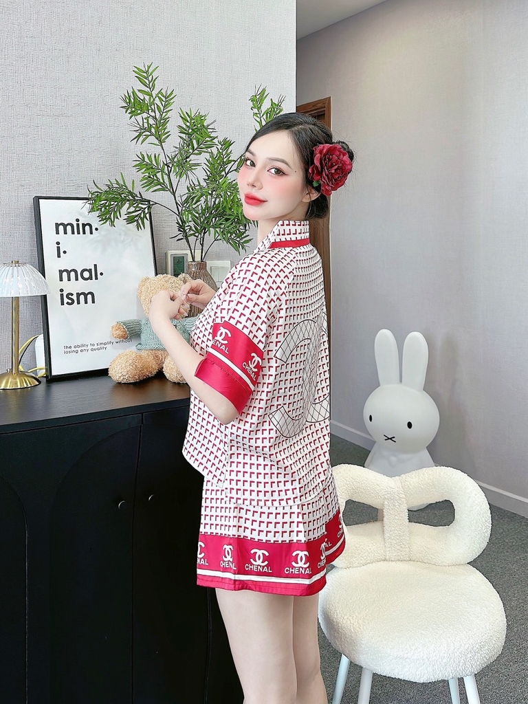 Đồ ngủ Pijama hàng hiệu form dài lụa cao cấp hottrent Hồng Họa tiết hình tam giác DN212240