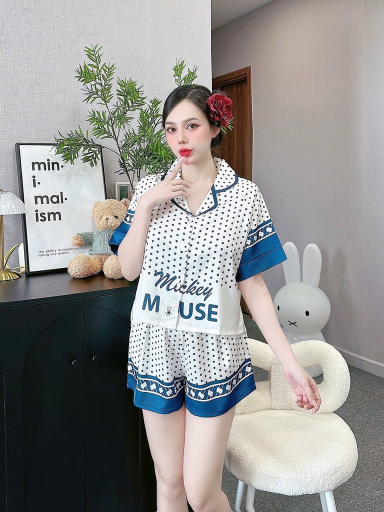 Đồ ngủ Pijama hàng hiệu form dài lụa cao cấp hottrent Trắng phối Xanh Họa tiết chấm bi DN213240