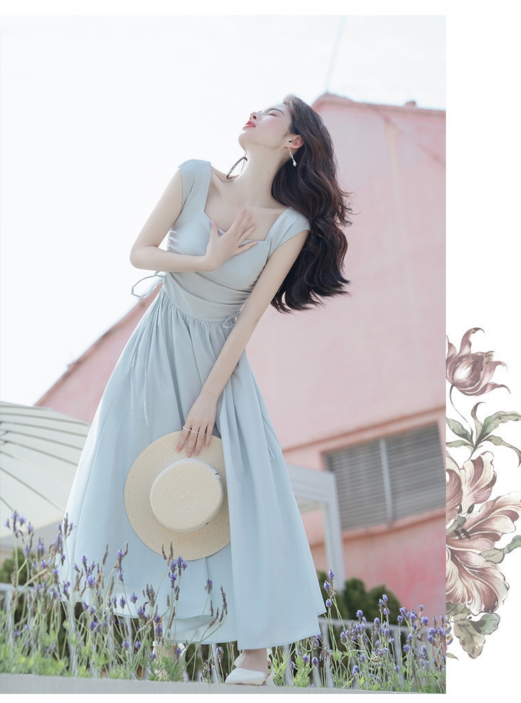 Đầm xanh dáng dài cổ vuông nhún eo phong cách Hàn Quốc nhẹ nhàng thanh lịch đi chơi, đi tiệc D178240