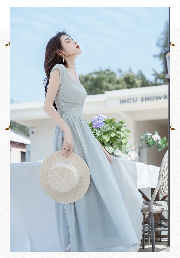 Đầm xanh dáng dài cổ vuông nhún eo phong cách Hàn Quốc nhẹ nhàng thanh lịch đi chơi, đi tiệc D178240