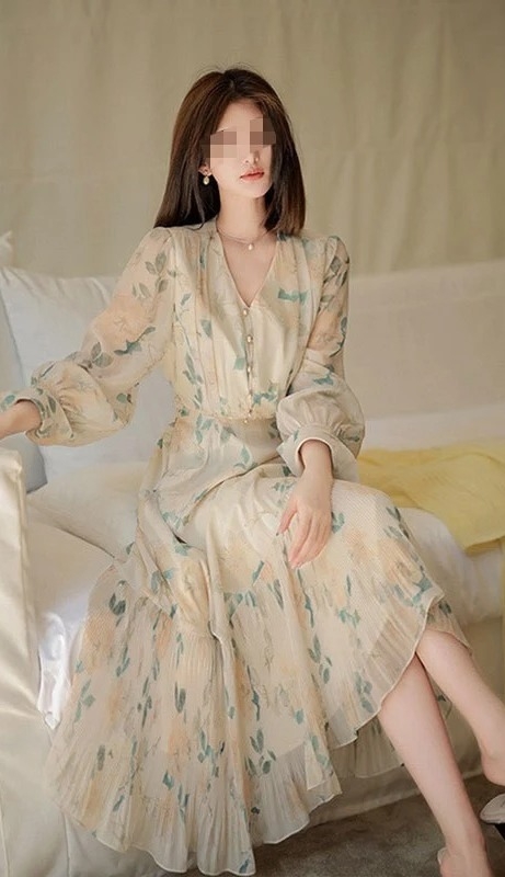 Váy voan hoa dáng dài + áo cadigan len mỏng thanh lịch, nhẹ nhàng, khí chất phong cách kiểu Pháp D1802400