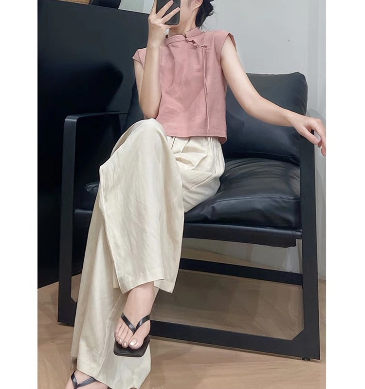 Set áo cộc hồng quần suông ống rộng phong cách Trung Hoa hiện đại năng động trẻ trung xu hướng hè mới D199240
