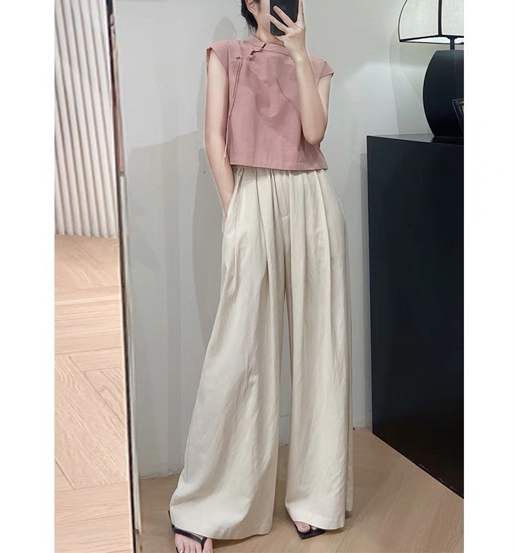 Set áo cộc hồng quần suông ống rộng phong cách Trung Hoa hiện đại năng động trẻ trung xu hướng hè mới D199240