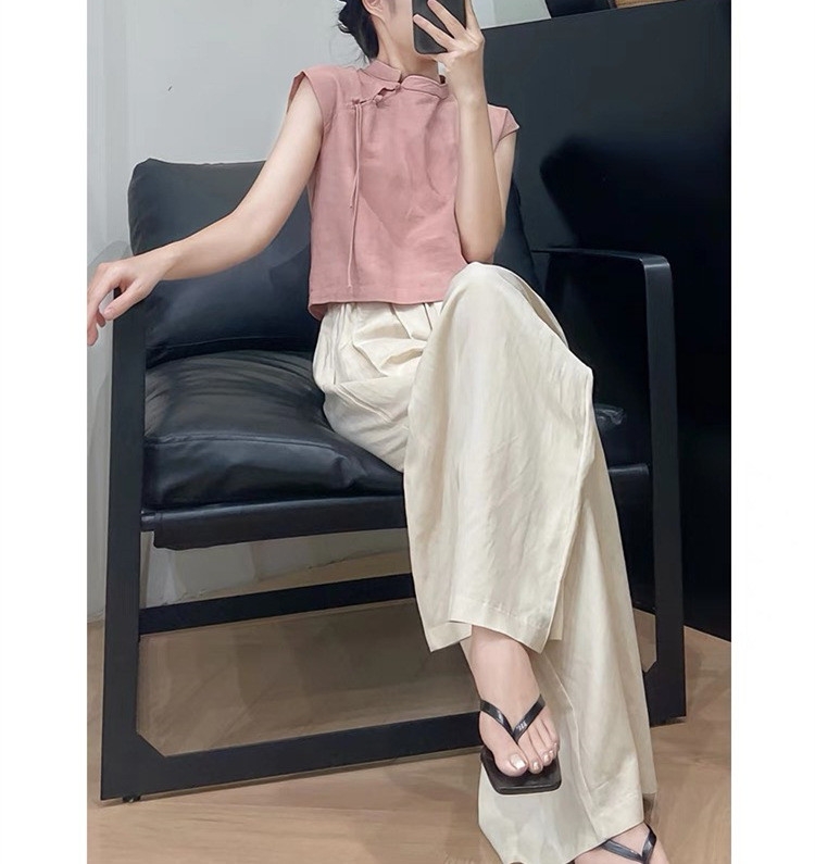 Set áo cộc hồng quần suông ống rộng phong cách Trung Hoa hiện đại năng động trẻ trung xu hướng hè mới D199240