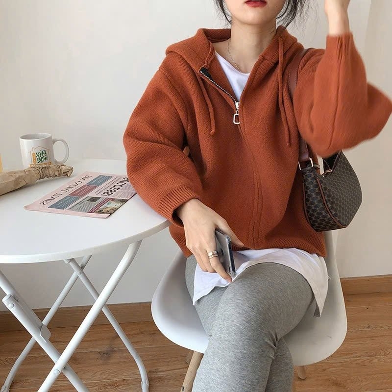 Áo khoác len dệt kim khóa kéo có mũ nhiều màu kiểu pháp xu hướng mùa thu đông D320240