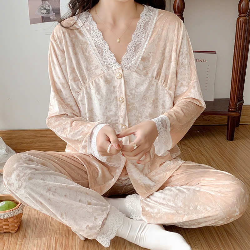 Set bộ ngủ nhung tăm phối ren xu hướng thu đông mới nhất D536240