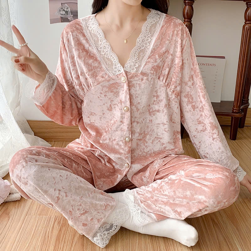 Set bộ ngủ nhung tăm phối ren xu hướng thu đông mới nhất D536240