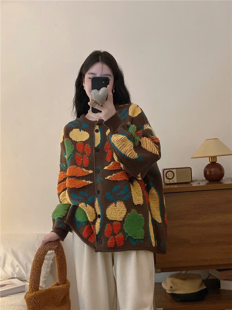 Áo khoác len dệt kim cardigan dáng rộng màu sắc tương phản Rừng xu hướng thu đông mới nhất D549240