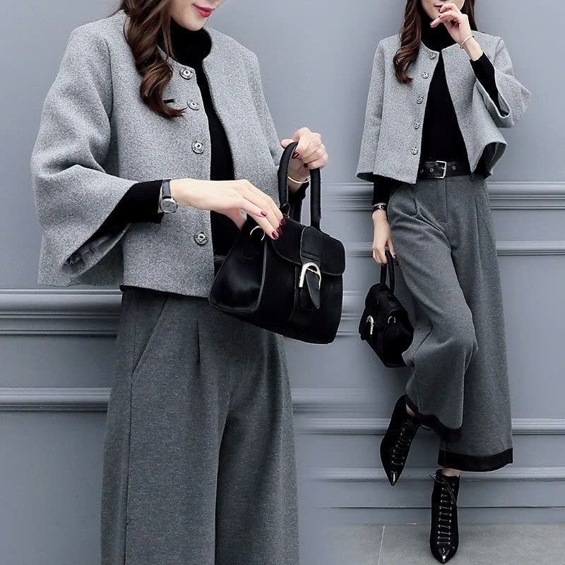 Set áo khoác và quần dạ ép lông cừu kèm belt khí chất sang trọng mẫu mới nhất thu đông D618240