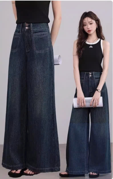 Quần jean ống rộng đứng cạp cao màu xanh đậm phong cách Vintage Retro QJ101240