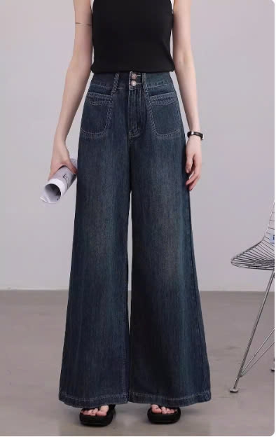 Quần jean ống rộng đứng cạp cao màu xanh đậm phong cách Vintage Retro QJ101240