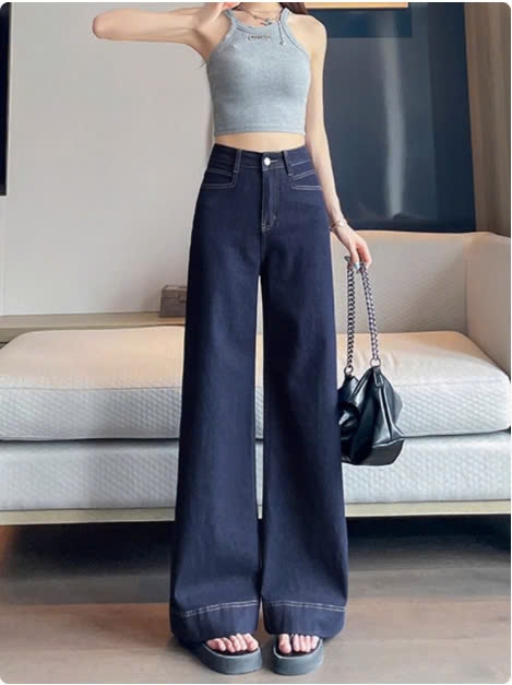 Quần jean ống rộng đứng cạp cao màu xanh đậm phong cách Retro QJ100240