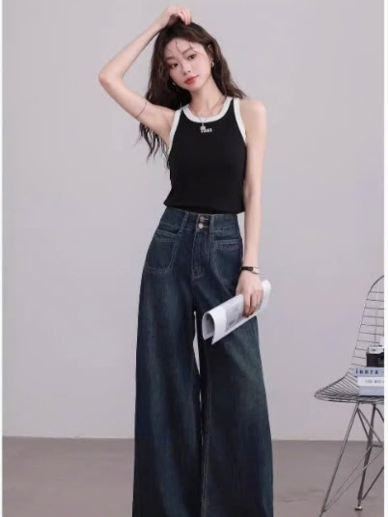 Quần jean ống rộng đứng cạp cao màu xanh đậm phong cách Vintage Retro QJ101240
