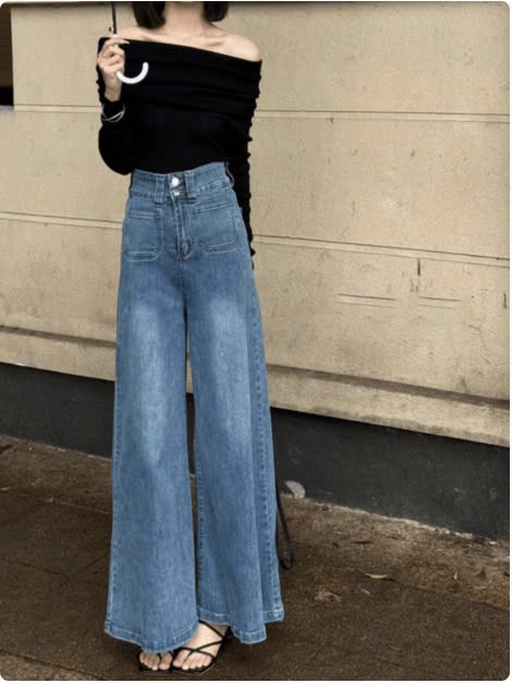 Quần jean ống rộng denim cạp cao nữ  phong cách Retro QJ107240