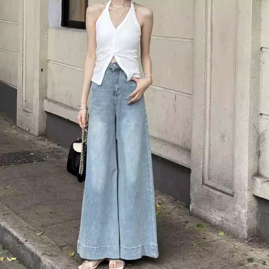 Quần jean ống rộng cạp cao phong cách Hàn Quốc QJ104240