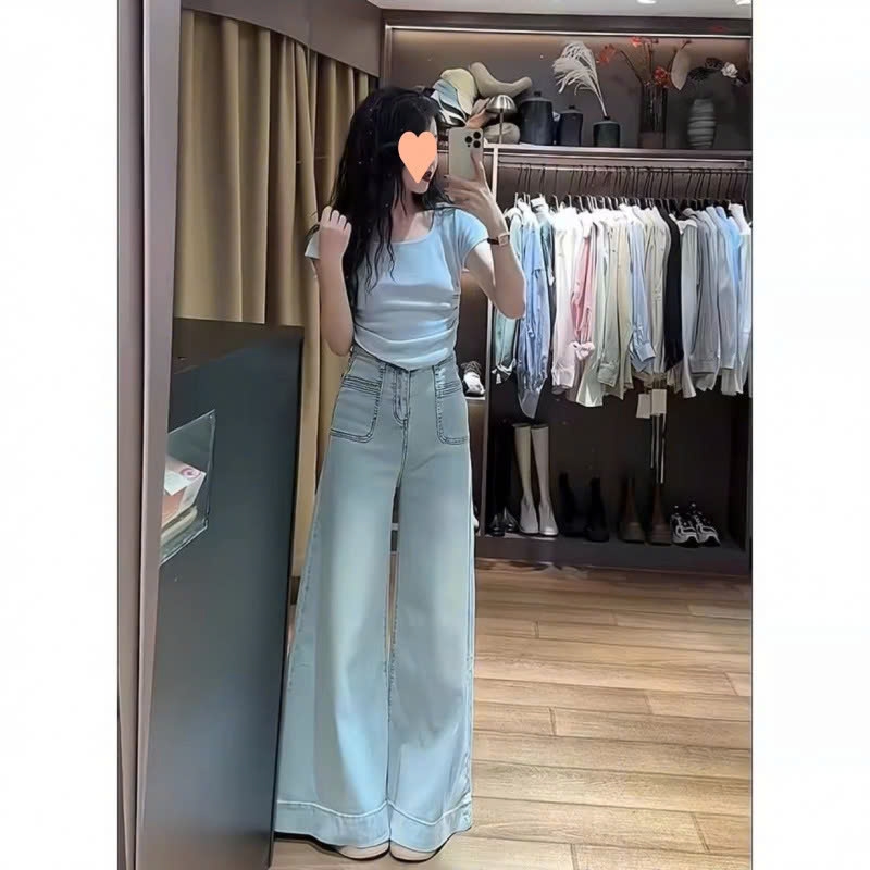 Quần jean ống siêu rộng cạp cao phối túi trước phong cách Retro QJ106240