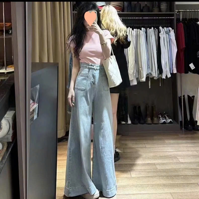 Quần jean ống siêu rộng cạp cao phối túi trước phong cách Retro QJ106240