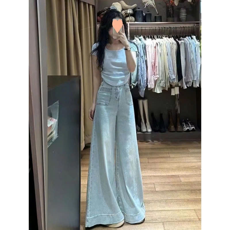 Quần jean ống siêu rộng cạp cao phối túi trước phong cách Retro QJ106240