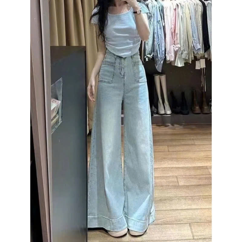 Quần jean ống siêu rộng cạp cao phối túi trước phong cách Retro QJ106240